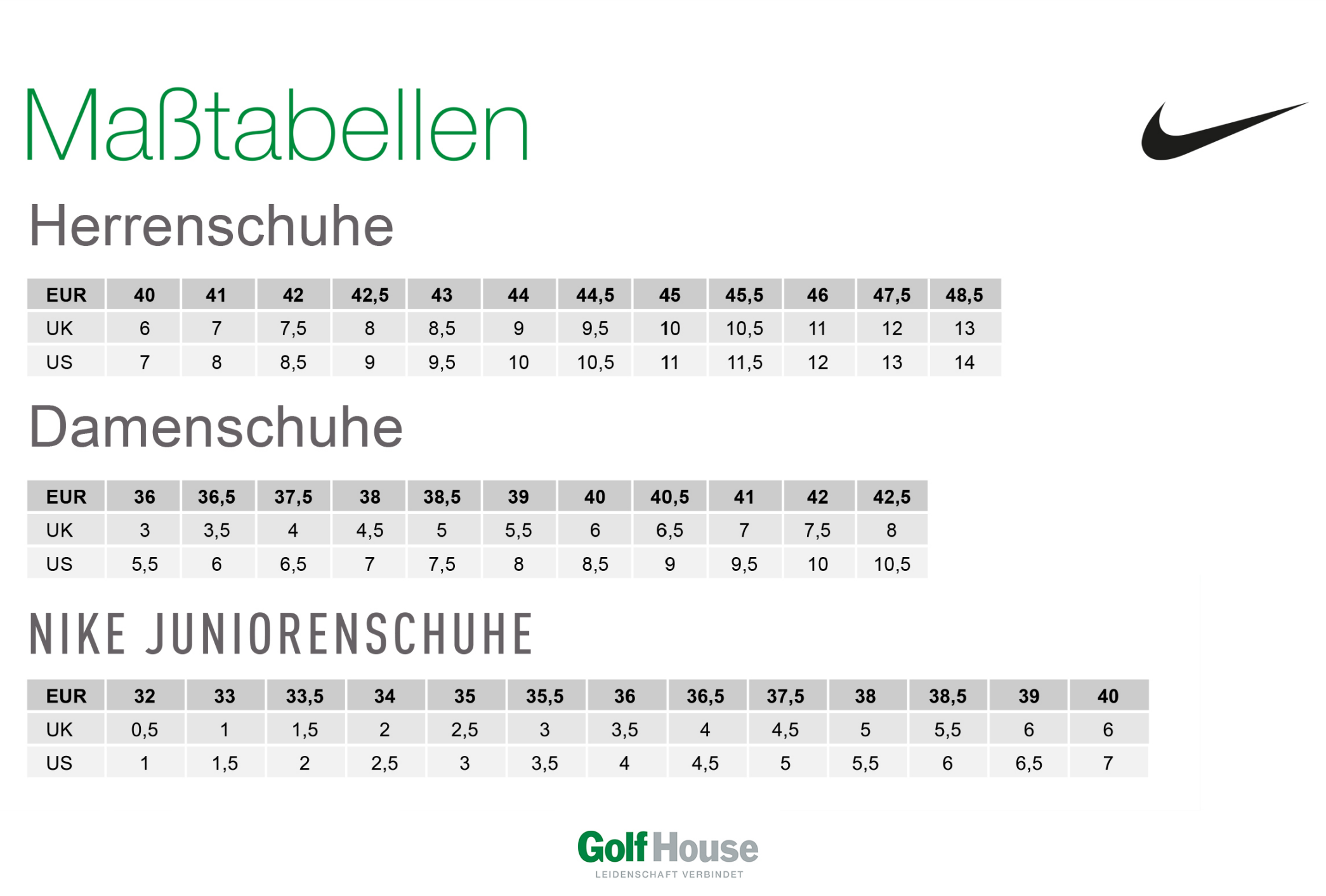 Golf House Nike Größentabelle