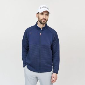 Backtee Mens Waffel Midlayer Cardigan Stretch Jacke navy